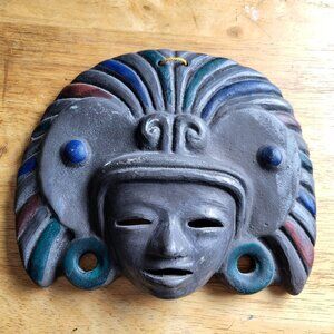 VTG MAYAN AZTEC MEXICAN BLACK CLAY TERRA COTTA MASK WALL HANGING